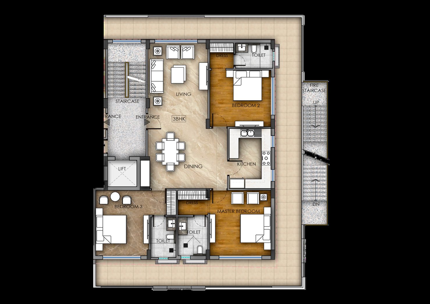 Urban Nest terrace floor plan with gazebo and landscaped areas